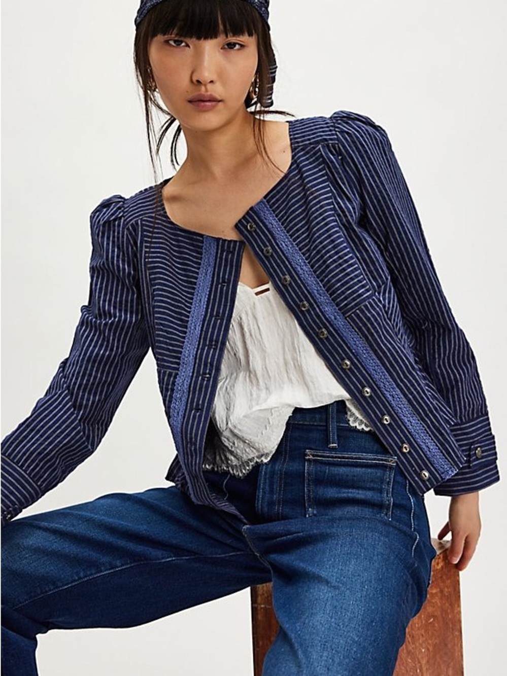Like New! Free People Darcy Seersucker Jacket, Navy Stripe | Size M